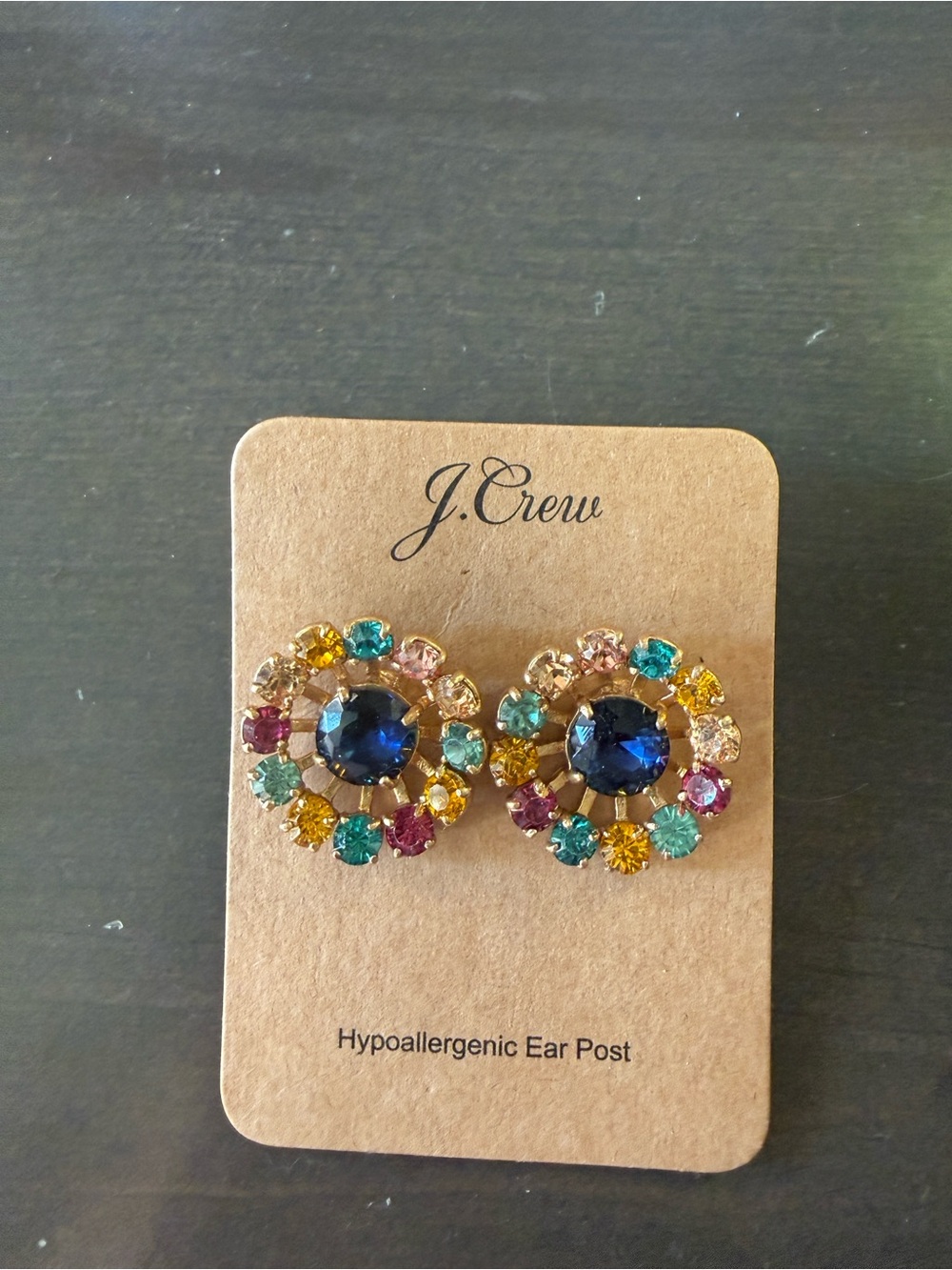 J. Crew Gold Multicolor Crystal Cluster Stud Earrings with Blue Center